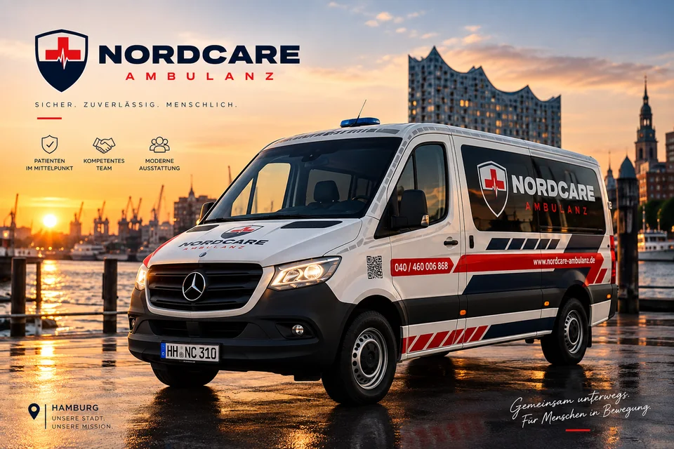 NordCare Ambulanz am Hamburger Hafen bei Sonnenuntergang