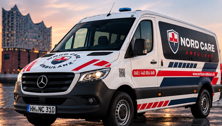 NordCare Krankentransportwagen vor der Hamburger Elbphilharmonie