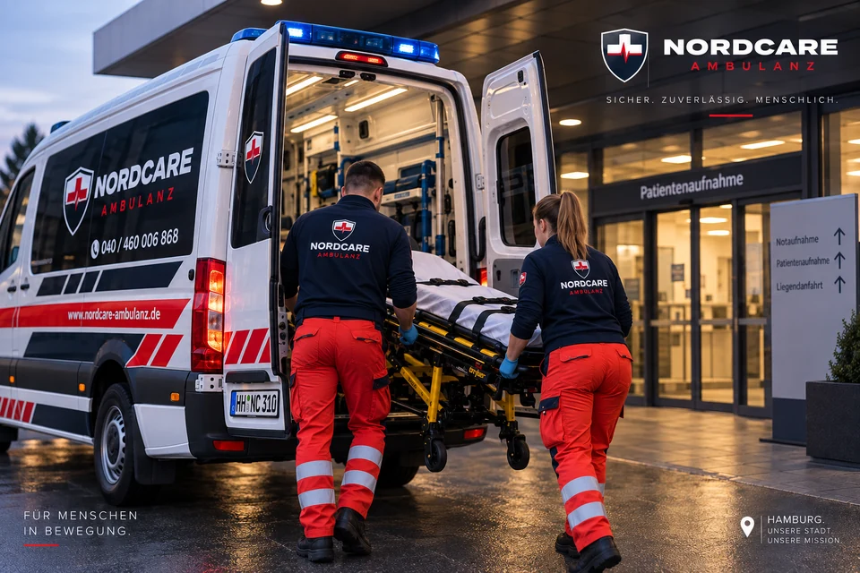 Zwei NordCare Mitarbeitende begleiten eine Trage am Krankentransportwagen